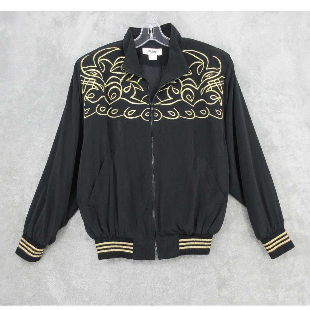 Vintage Mighty Jacket Womens Size L Embroidered Full Zip Bomber Black Gold Retro